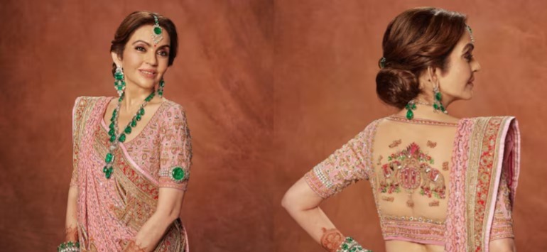 Nita Ambani donned a blouse with the names of her children and grandchildren hand embroidered at the Shubh Aashirwad ceremony