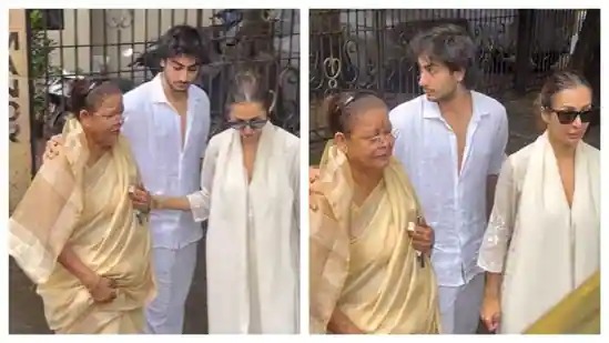 Malaika Arora and son Arhaan Khan offer support to her grieving mother Joyce at Anil Mehta’s last rites